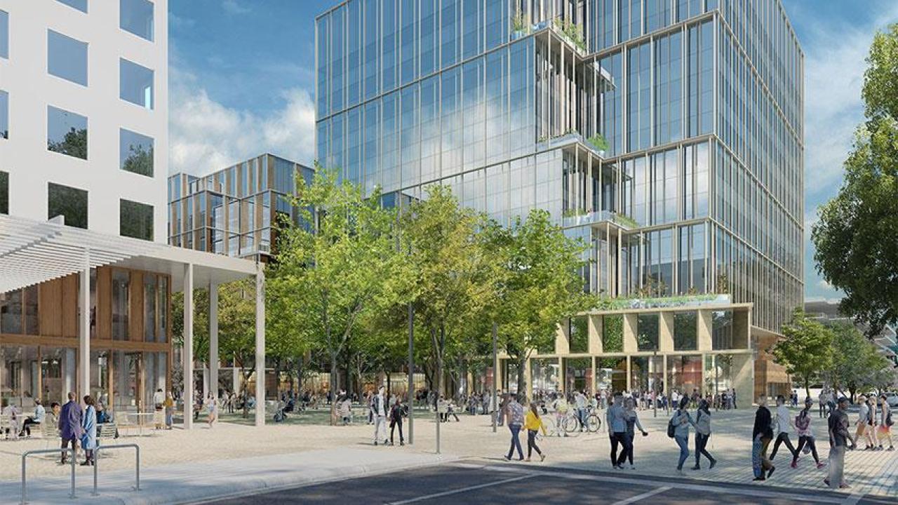 This sketch of the Aggie Square project simulates the view from Stockton Boulevard, where the UC Davis Sacramento Campus will open up to the community. Ahead is the Lifelong Learning Building and Innovation Hall. (Courtesy of ZGF)